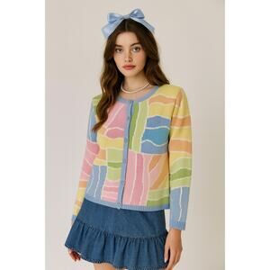 Vintage Talbots Pastel Colorblock Knit Crewneck Cardigan Size Small Petite